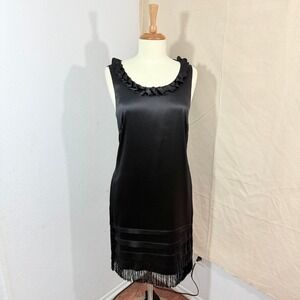 ECI New York Womens Black Satin Fringe Flapper Dress Ruffle Neck Size 10